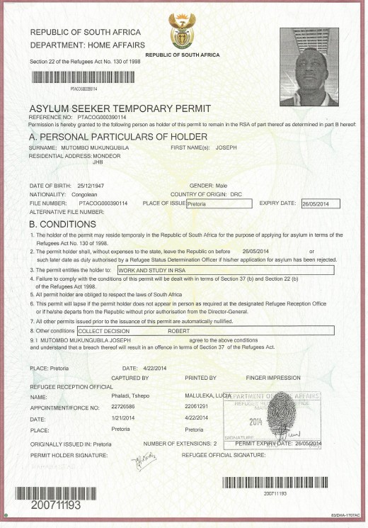 Statut temporaire de réfugié accordé à Joseph Mukungubila par l'Afrique du Sud