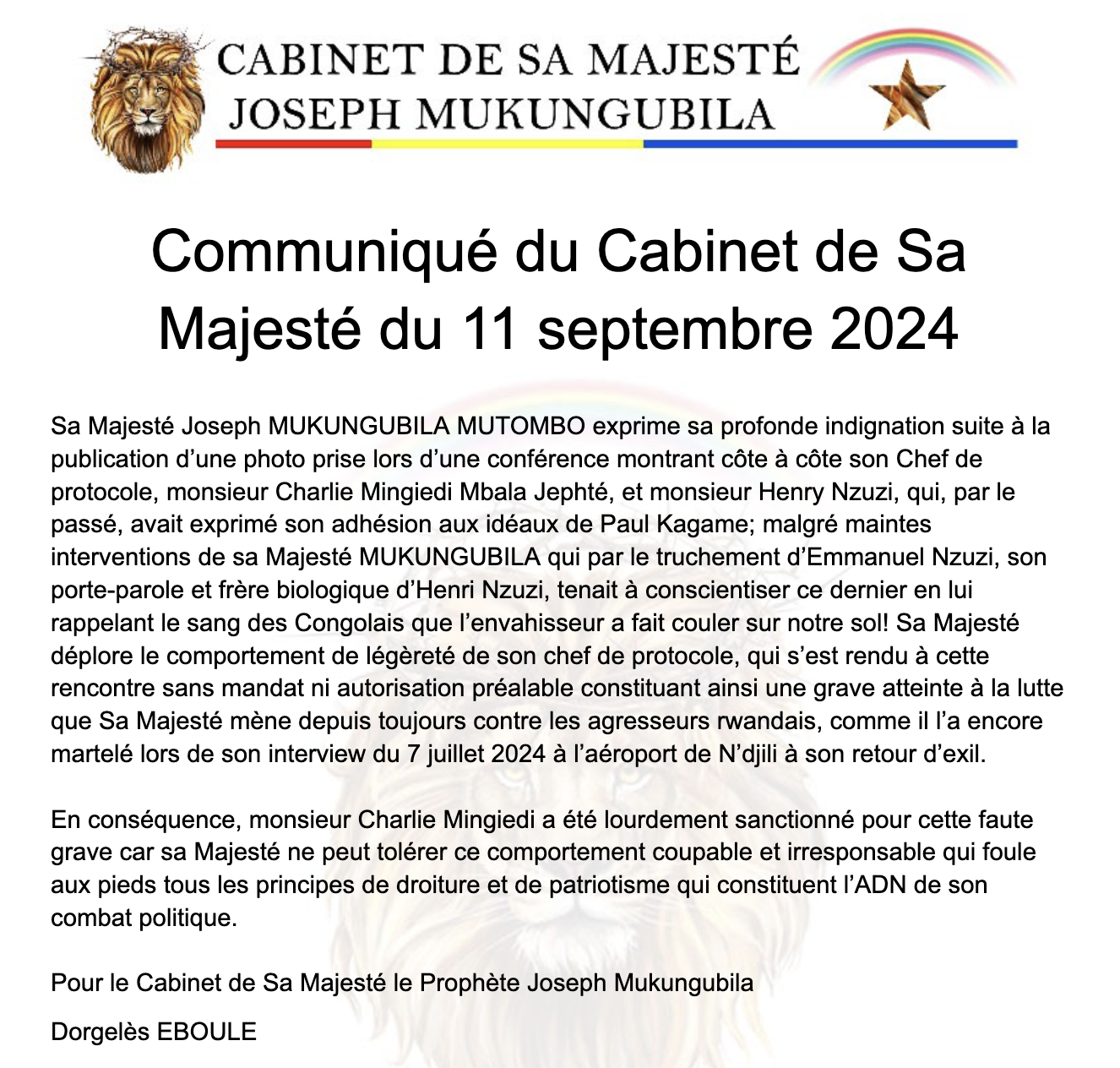 Communiqué du Cabinet de Sa Majesté du 11 septembre 2024