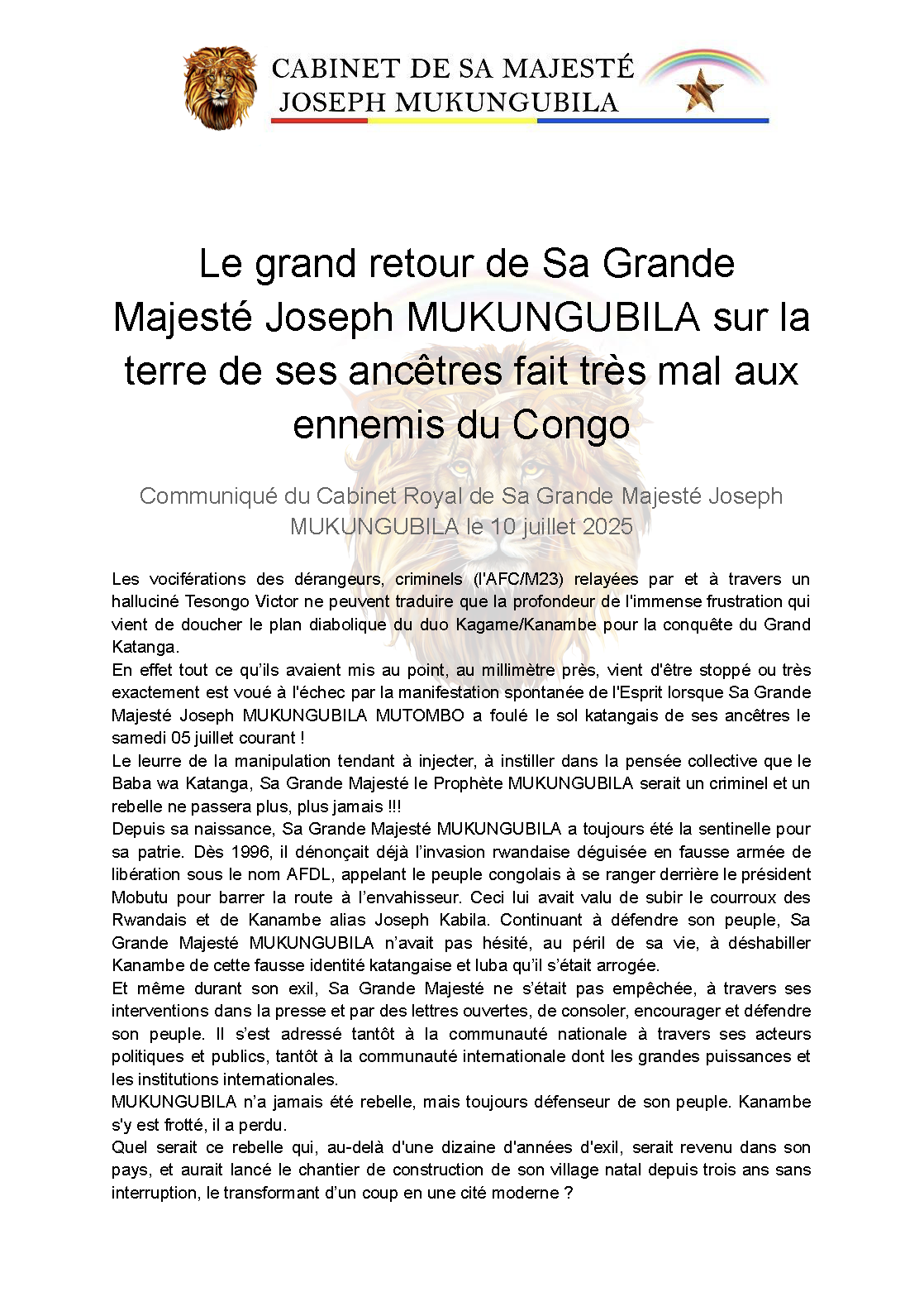 Le grand retour de Sa Grande Majesté Joseph MUKUNGUBILA sur la terre de ses ancêtres fait très mal aux ennemis du Congo